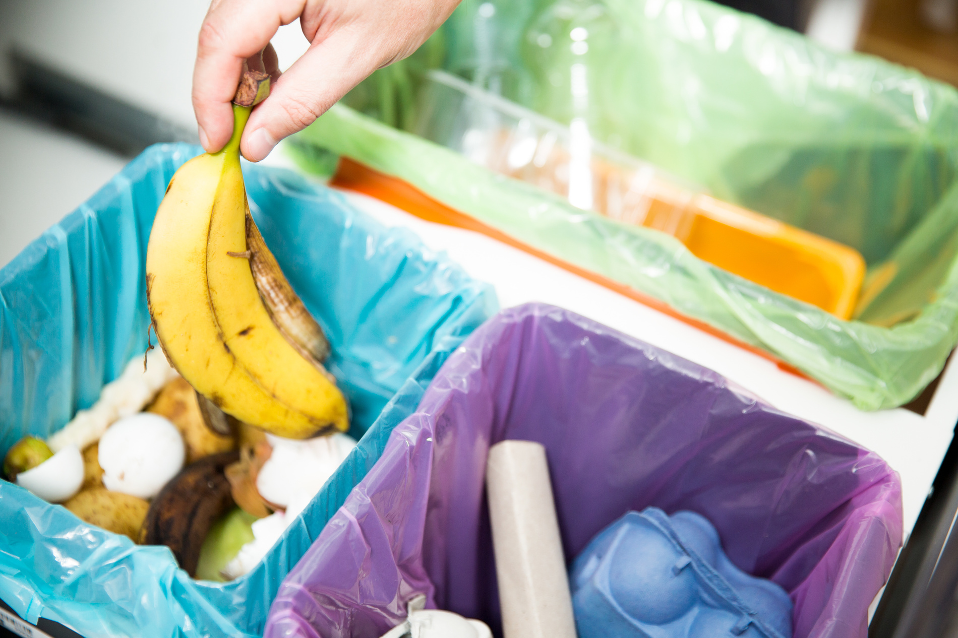 Woman putting banana peel in recycling bio bin in the kitchen. Person